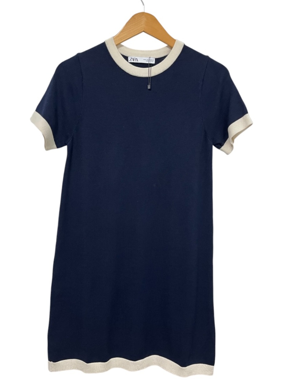 Zara Navy Blue Short-Sleeve Knit Mini Dress with Cream Trim